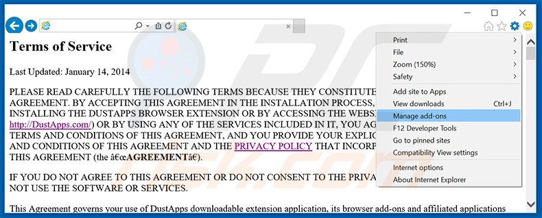 Removing DustApps ads from Internet Explorer step 1