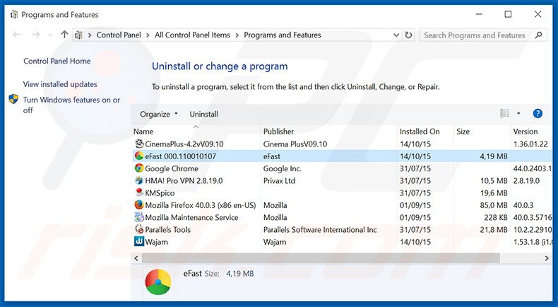 eFast Browser adware uninstall via Control Panel