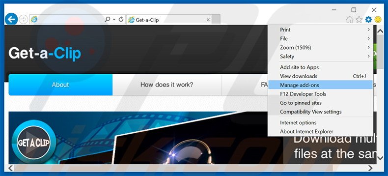 Removing Get-a-Clip ads from Internet Explorer step 1