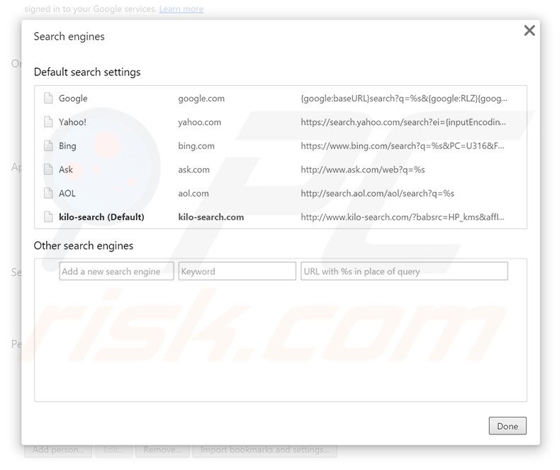 Removing kilo-search.com from Google Chrome default search engine