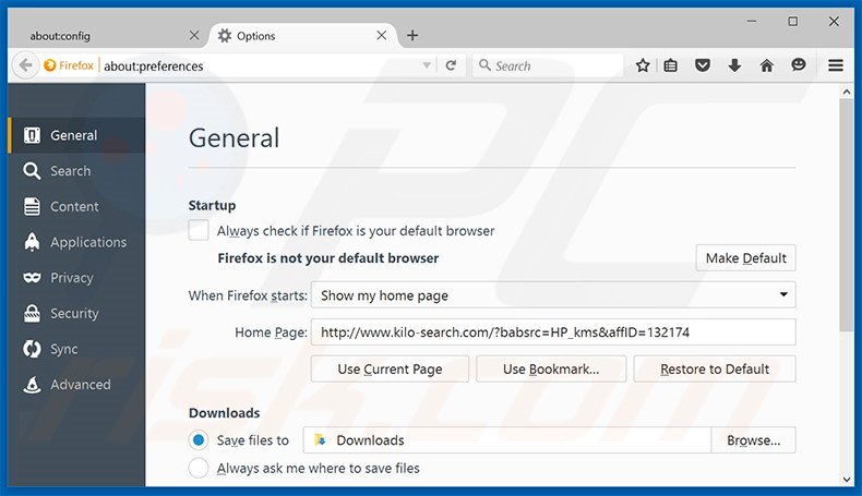 Removing kilo-search.com from Mozilla Firefox homepage