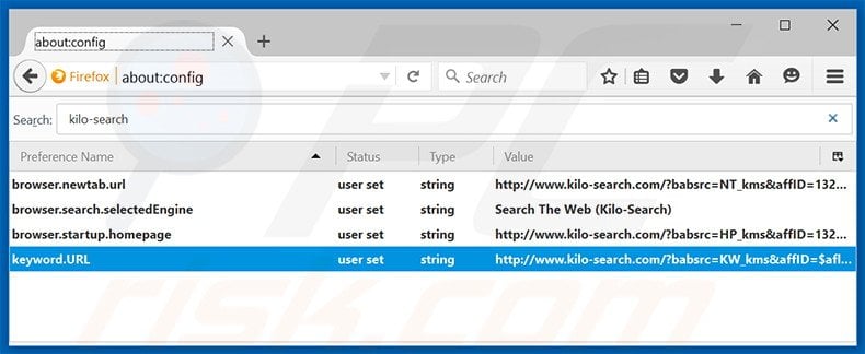 Removing kilo-search.com from Mozilla Firefox default search engine
