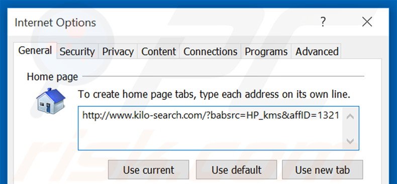 Removing kilo-search.com from Internet Explorer homepage