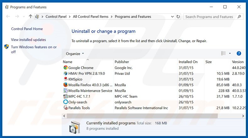 kilo-search.com browser hijacker uninstall via Control Panel