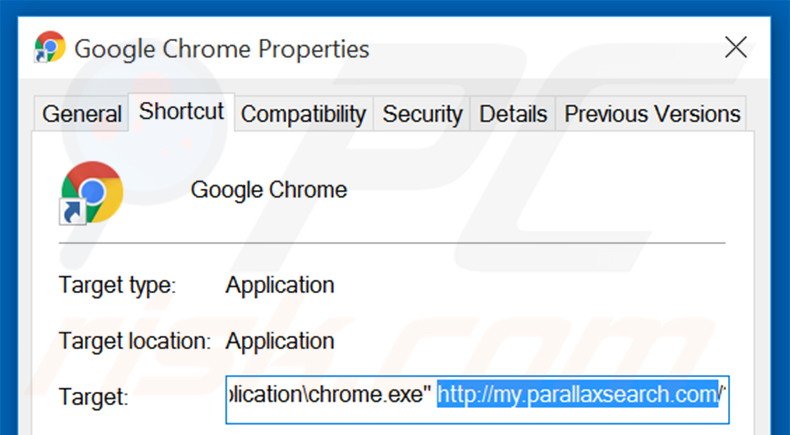 Removing my.parallaxsearch.com from Google Chrome shortcut target step 2