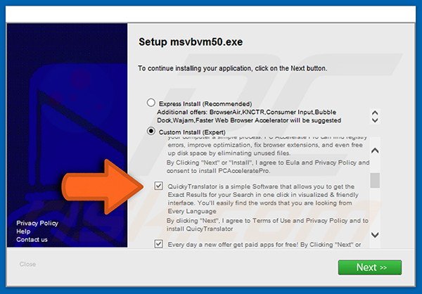 Deceptive free software installer distributing QuickyTranslator adware