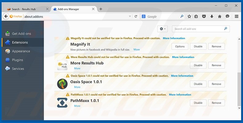 Removing search.results-hub.com related Mozilla Firefox extensions