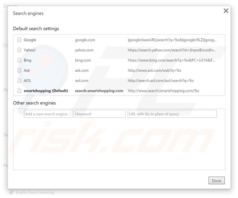Removing search.smartshopping.com from Google Chrome default search engine