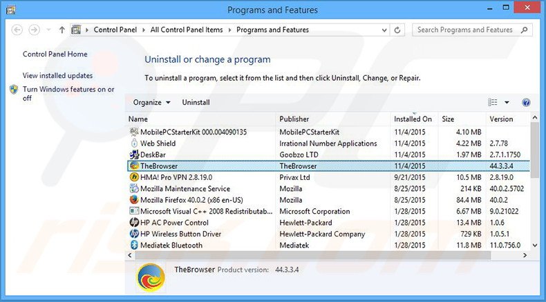 TheBrowser adware uninstall via Control Panel