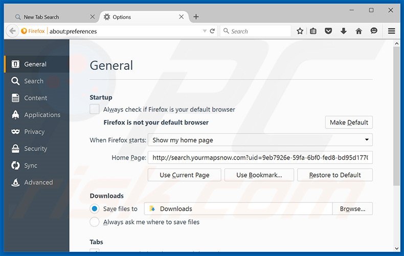 Removing search.yourmapsnow.com from Mozilla Firefox homepage