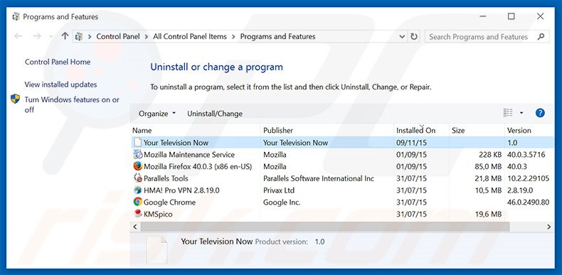 search.yourtelevisionnow.com browser hijacker uninstall via Control Panel