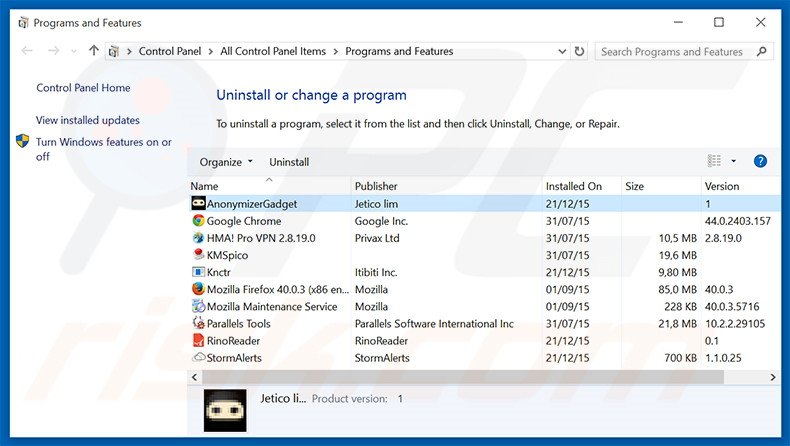 AnonymizerGadget adware uninstall via Control Panel