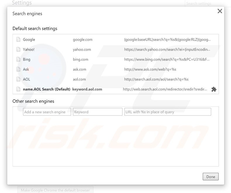 Removing search.aol.com from Google Chrome default search engine
