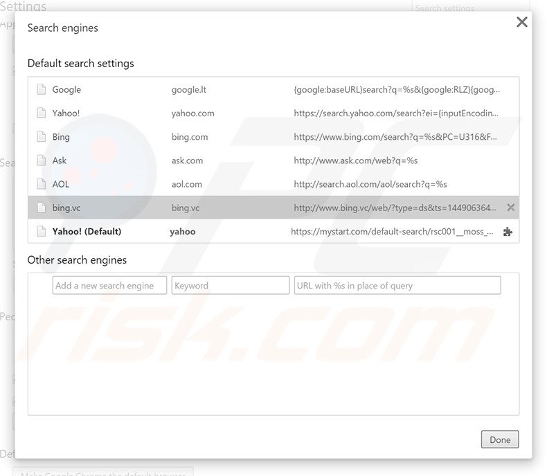 Removing bing.vc from Google Chrome default search engine