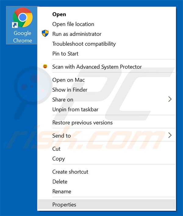 Removing istartpageing.com from Google Chrome shortcut target step 1