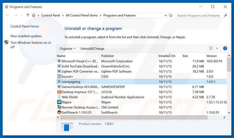 istartpageing.com browser hijacker uninstall via Control Panel