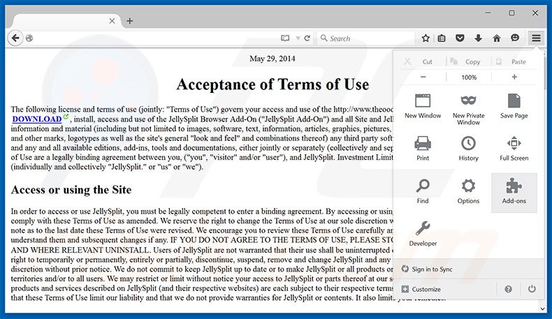 Removing JellySplit ads from Mozilla Firefox step 1