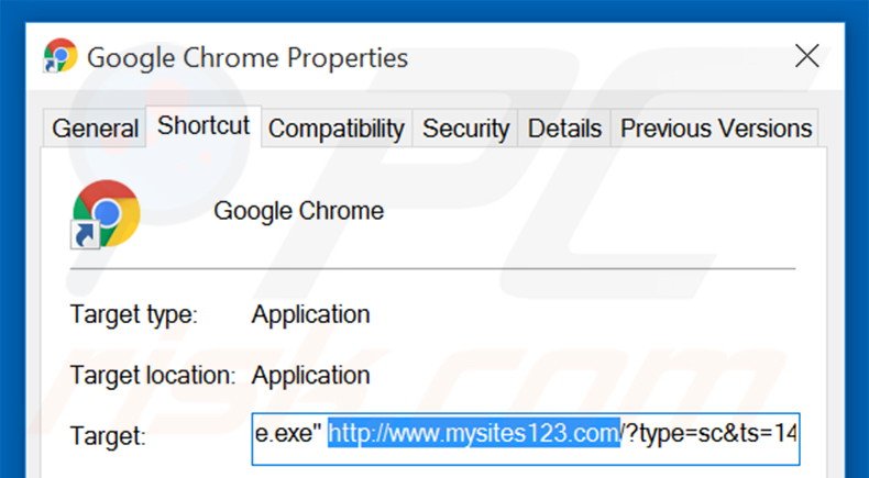 Removing mysites123.com from Google Chrome shortcut target step 2