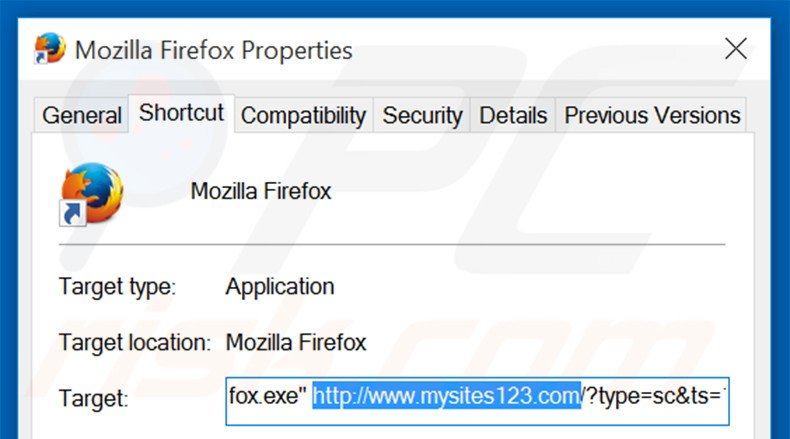 Removing mysites123.com from Mozilla Firefox shortcut target step 2