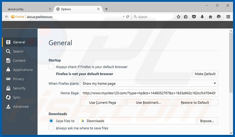 Removing mysites123.com from Mozilla Firefox homepage