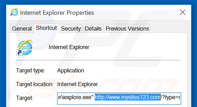 Removing mysites123.com from Internet Explorer shortcut target step 2