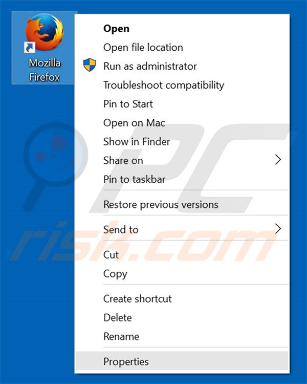 Removing piesearch.com from Mozilla Firefox shortcut target step 1