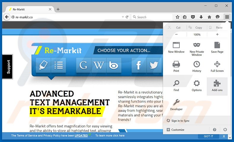Removing Re-Markit ads from Mozilla Firefox step 1