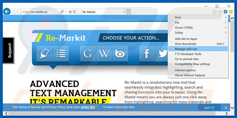 Removing Re-Markit ads from Internet Explorer step 1