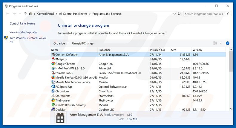 Serpens adware uninstall via Control Panel