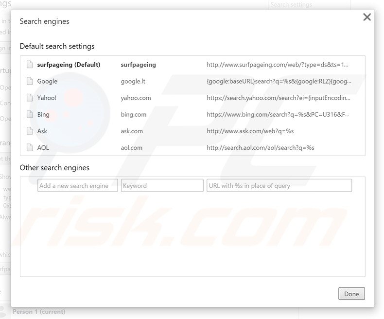 Removing surfpageing.com from Google Chrome default search engine