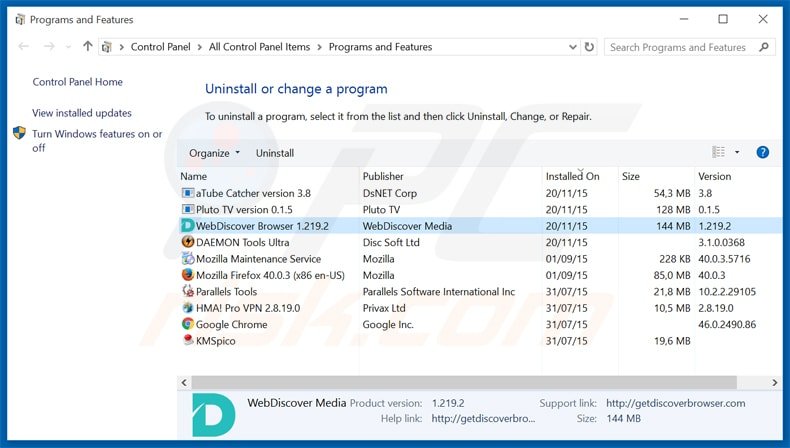 webdiscover browser adware uninstall via Control Panel
