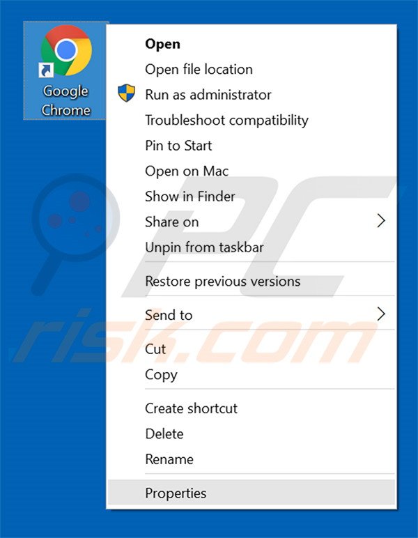 Removing yoursearching.com from Google Chrome shortcut target step 1