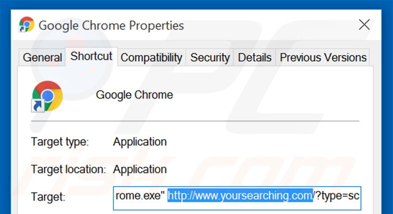 Removing yoursearching.com from Google Chrome shortcut target step 2