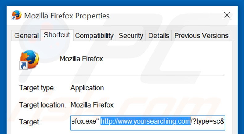 Removing yoursearching.com from Mozilla Firefox shortcut target step 2