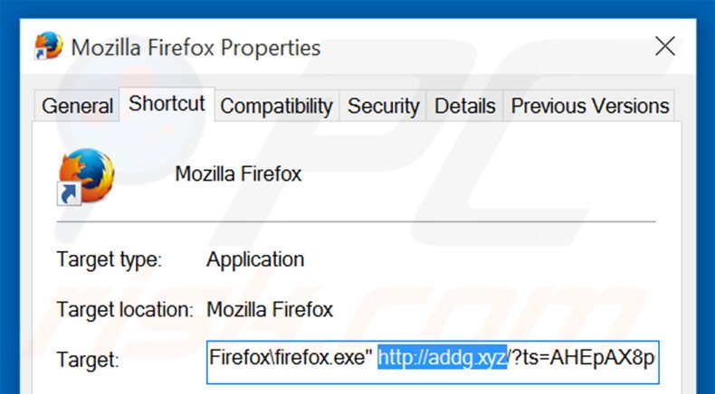 Removing addg.xyz from Mozilla Firefox shortcut target step 2