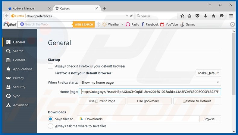 Removing addg.xyz from Mozilla Firefox homepage