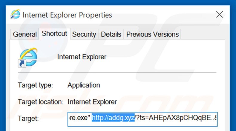 Removing addg.xyz from Internet Explorer shortcut target step 2