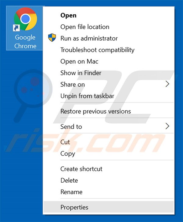 Removing didisearch.com from Google Chrome shortcut target step 1