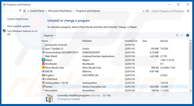 High Unite adware uninstall via Control Panel