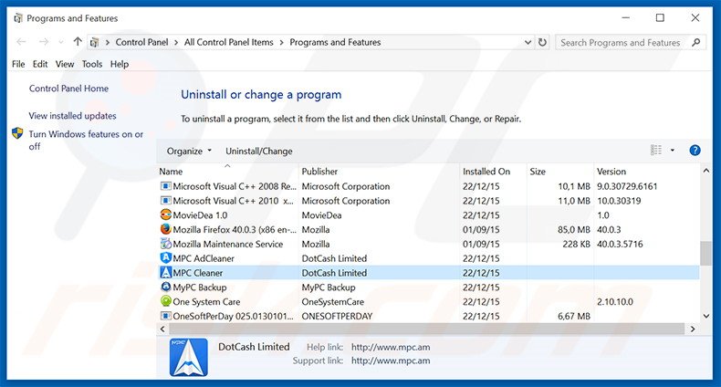 MPC Cleaner adware uninstall via Control Panel