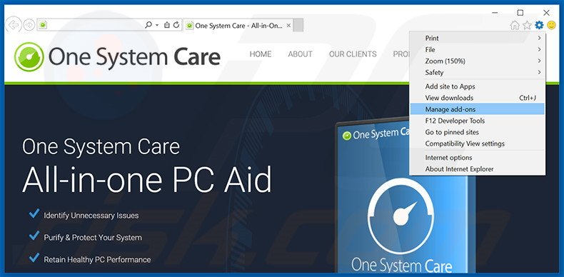 Removing One System Care ads from Internet Explorer step 1