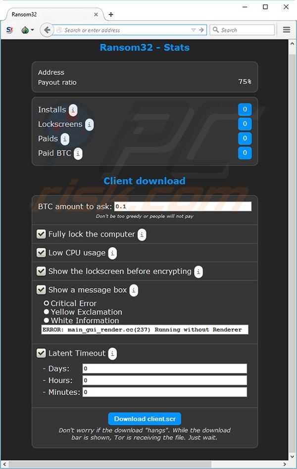 Ransom32 RaaS affiliate console