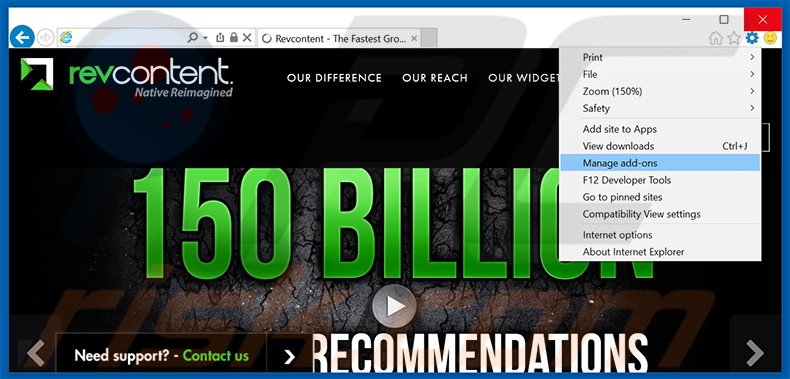 Removing Revcontent ads from Internet Explorer step 1
