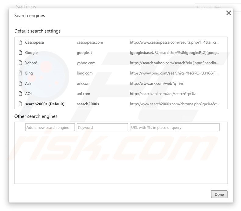 Removing search2000s.com from Google Chrome default search engine
