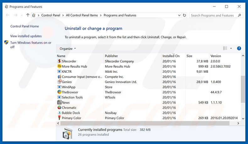 Search Window adware uninstall via Control Panel