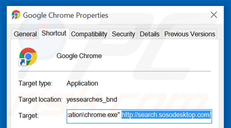 Removing search.sosodesktop.com from Google Chrome shortcut target step 2