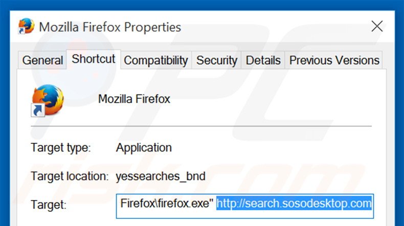 Removing search.sosodesktop.com from Mozilla Firefox shortcut target step 2