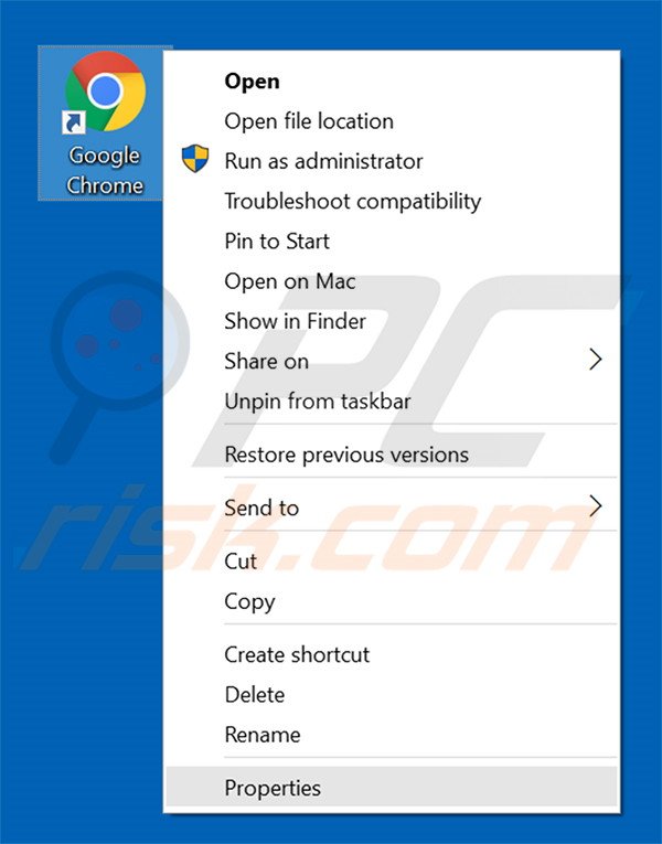 Removing sugabit.net from Google Chrome shortcut target step 1