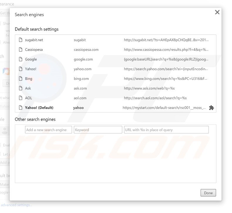 Removing sugabit.net from Google Chrome default search engine