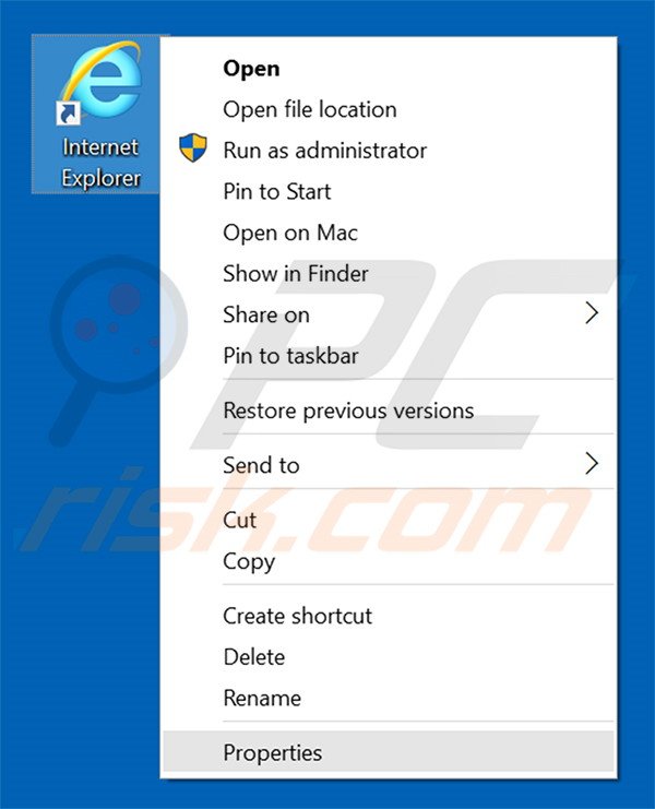 Removing sugabit.net from Internet Explorer shortcut target step 1